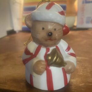 Bear Holding Bell Christmas Ornament Bell Red And White Pajamas Gold Bell Hangs
