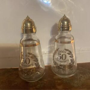 Golden 50th Anniversary Salt/Pepper Shaker Set Glass Gold Trim Wedding Anniversa