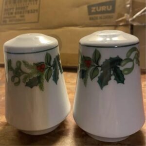 Holly Print Salt and Pepper Shakers, Porcelain 3" tall Christmas Holiday Kitchen