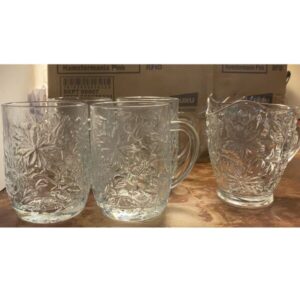 Poinsettia Coffee Mugs & Creamer Pitcher Set Of 4 Mugs Clear Christmas Holiday