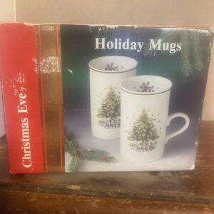 Porcelain Set Of 2 Tall Mugs In Box 1984 Christmas Tree Salem Christmas Eve New