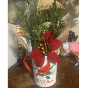 Red Bird Cup Floral Arrangement Christmas Decor Poinsettia Fake Pine Burlap