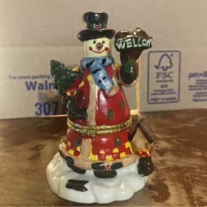 Snowman Ceramic Figurine 4” Trinket Box Christmas Holiday Storage Coins Rings