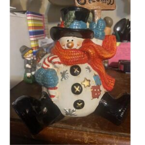 Snowman Figurine/statue Holding Sign That Says Greetings Christmas Winter Holida