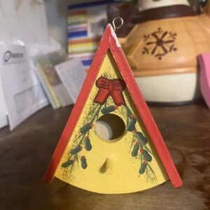Wooden Birdhouse Ornament Small Red And Yellow Winter Holiday Christmas Tree
